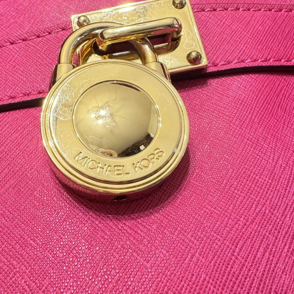 Michael Kors Hamilton Satchel Womens Large Fuchsia Pink Padlock Chain Bag - Picture 11 of 16